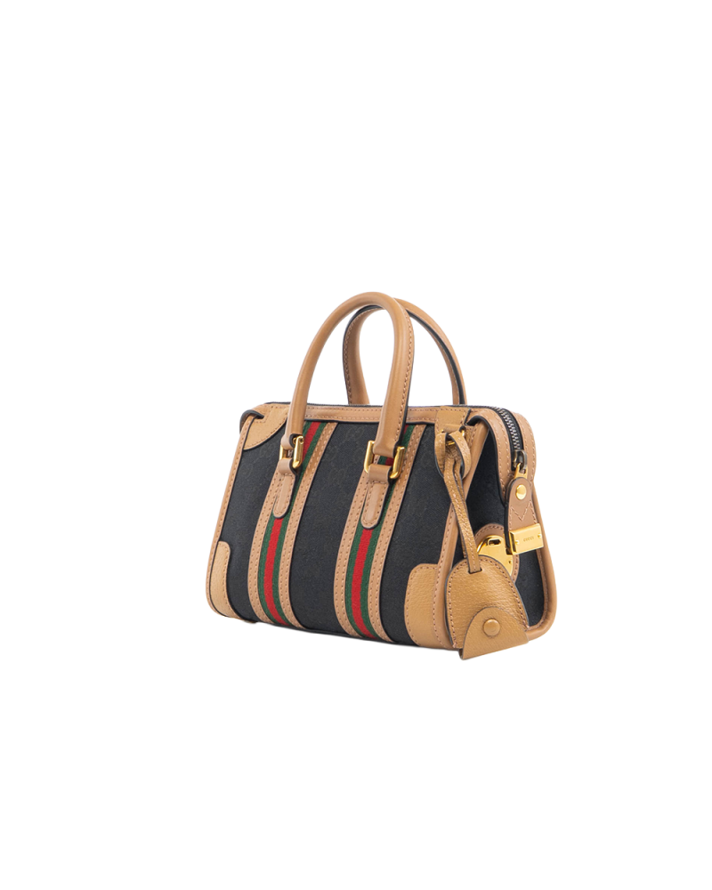 GUCCI BAULETTO TOP HANDLE SMALL BLACK BROWN GG CANVAS GHW 5393