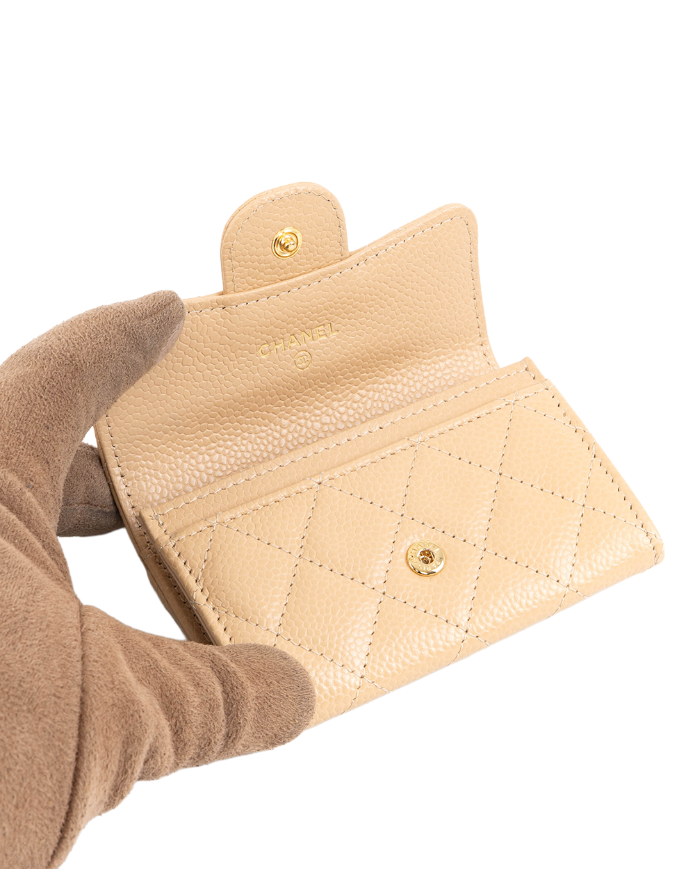 NEW CHANEL CARD HOLDER BEIGE CAVIAR GHW UK18H1T7 5340