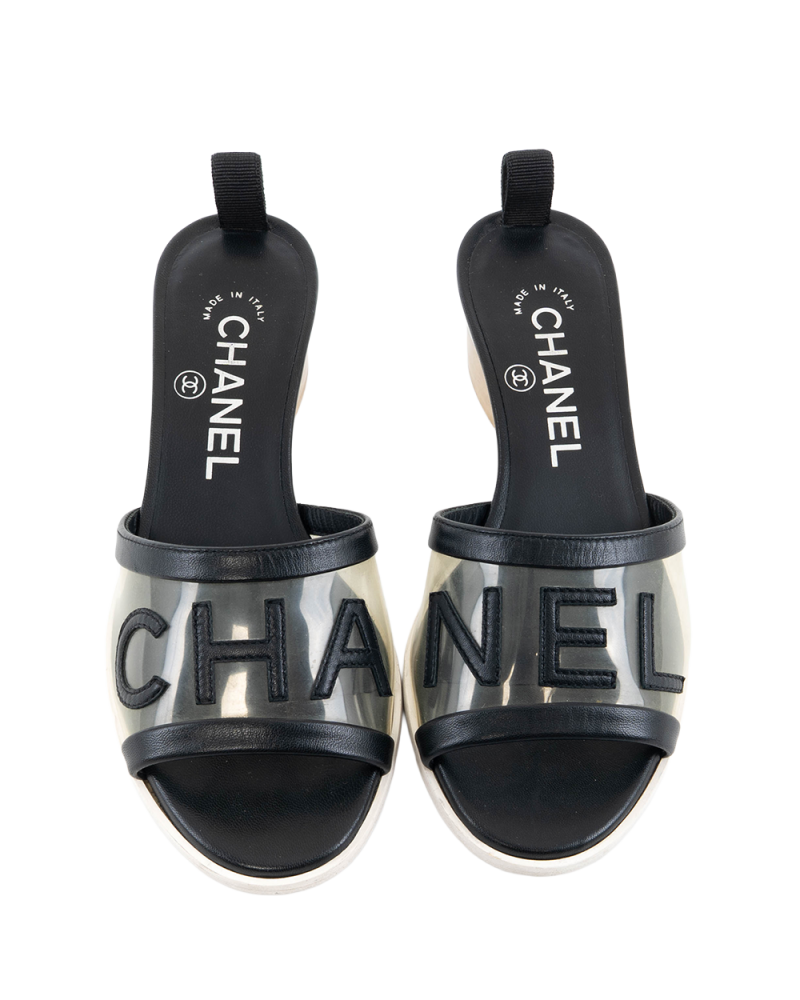 BA251982 CHANEL SLIDE SANDALS 34 BLACK CHANEL LOGO CALF PVC A G34871