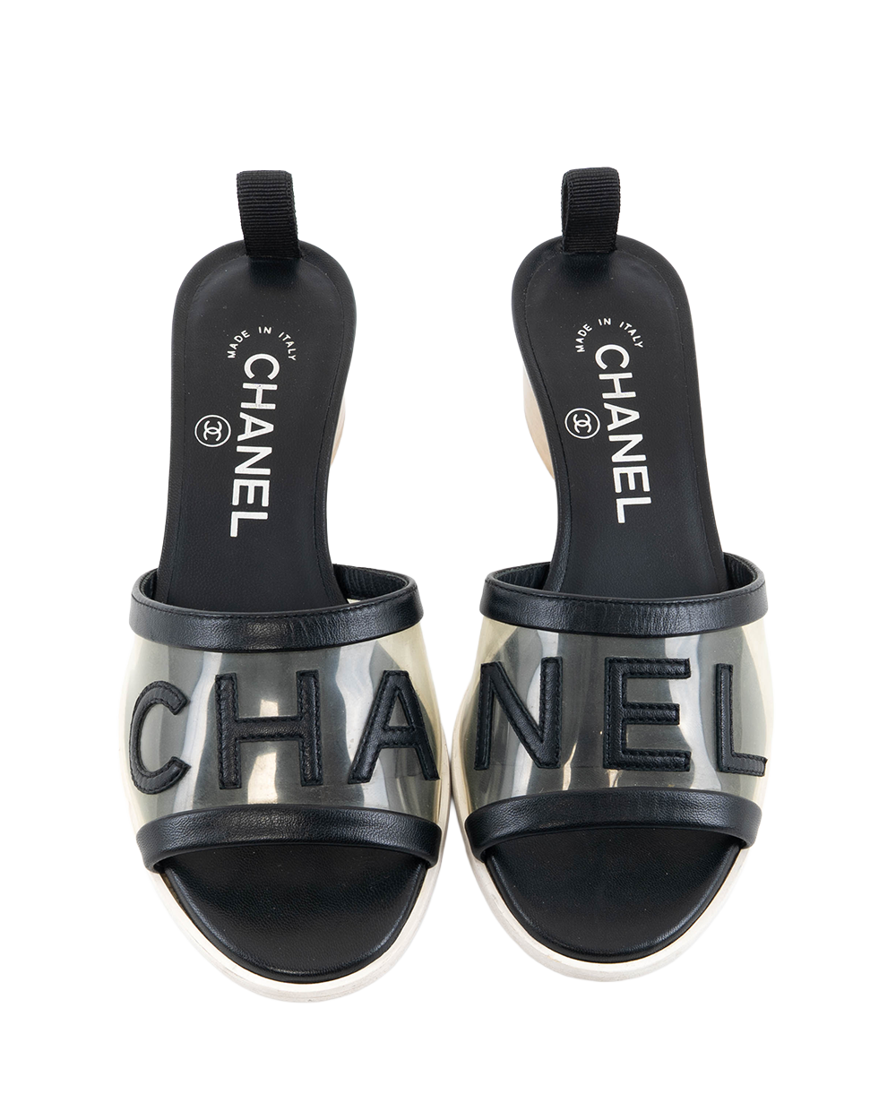 BA251982 CHANEL SLIDE SANDALS 34 BLACK CHANEL LOGO CALF PVC A G34871