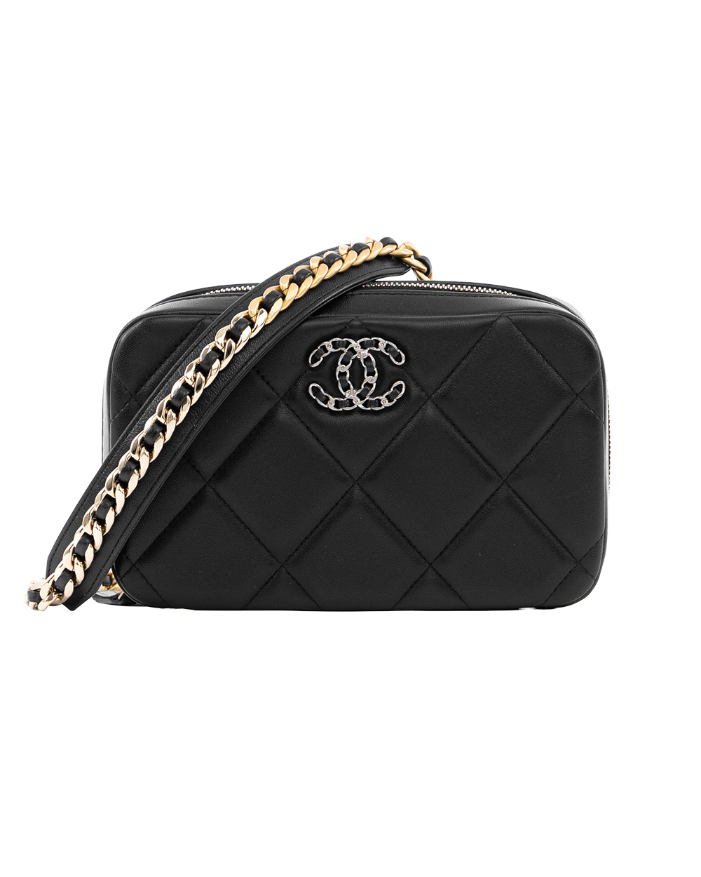 BA253664 CHANEL 19 PHONE HOLDER WITH CHAIN BLACK LAMB GHW SHW 32080504