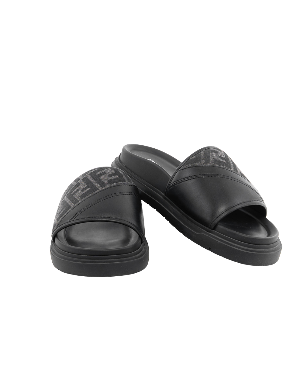 BB252202 FENDI DIAGONAL SLIDES SANDALS 8 BLACK LEATHER 7X1674