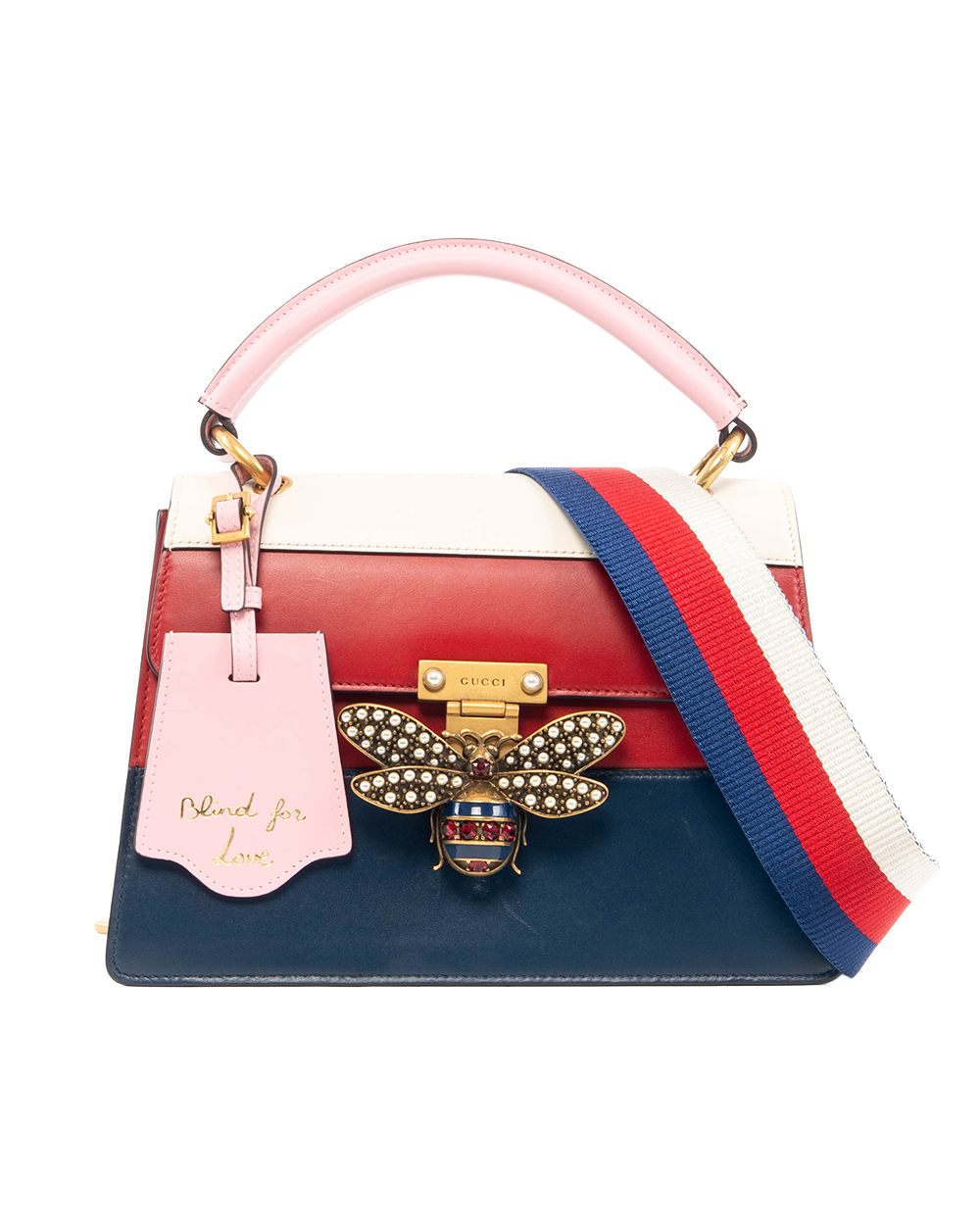 BB252206 GUCCI QUEEN MARGARET TOP HANDLE RED NAVY WHITE CALF GHW 476541 520981