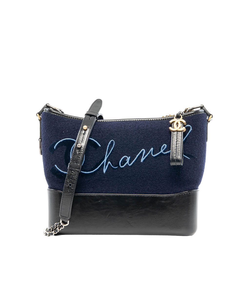 BB252404 CHANEL GABRIELLE MEDIUM BLUE NAVY WOOL LEATHER BHW 26094499