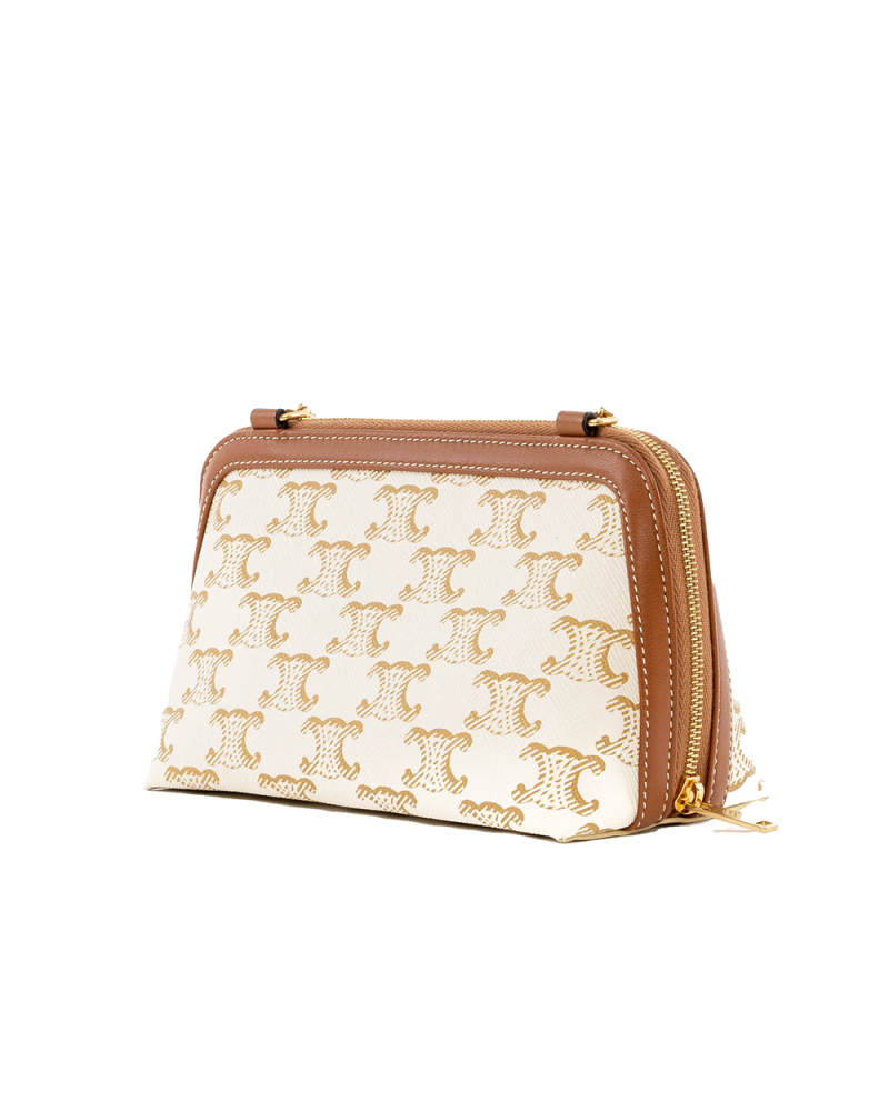 CELINE CLUTCH WITH CHAIN WHITE BROWN CANVAS GHW W SD 4221 4544