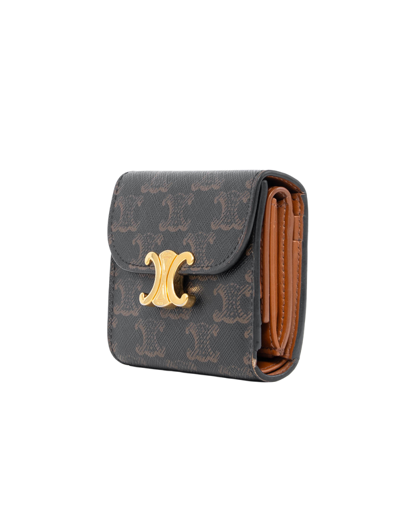 CELINE TRI FOLD WALLET SHORT BROWN TAN CANVAS GHW 4048