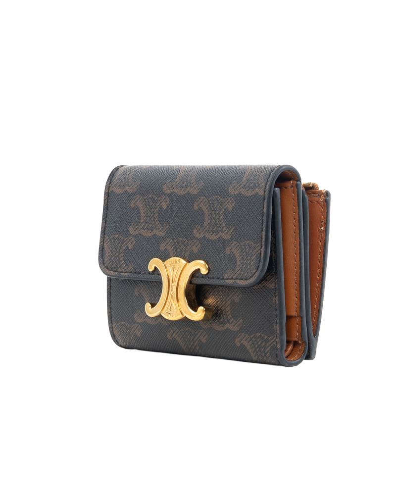CELINE TRIOMPHE COMPACT WALLET SHORT BROWN TAN CANVAS GHW U FG 1253 0470