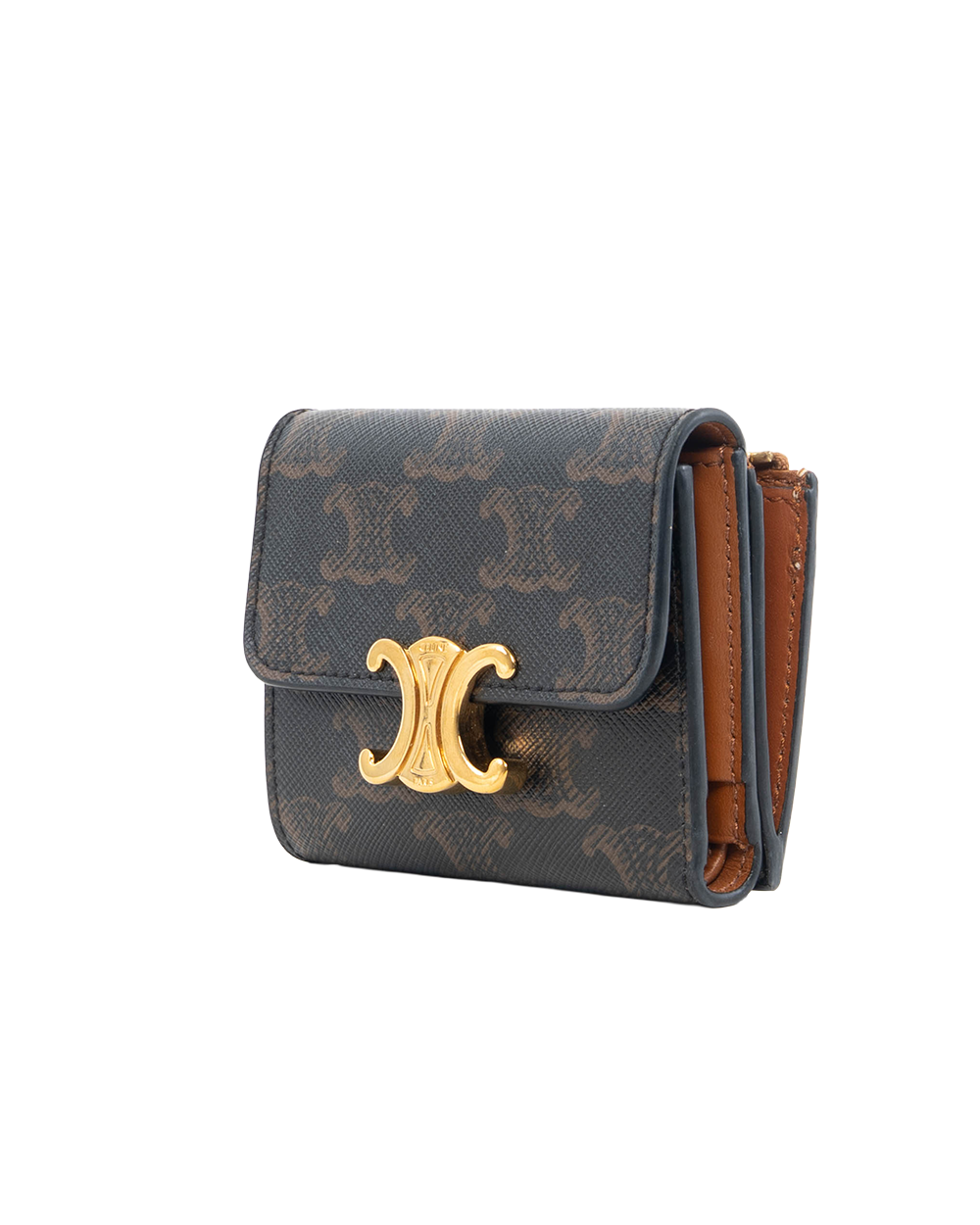 CELINE TRIOMPHE COMPACT WALLET SHORT BROWN TAN CANVAS GHW U FG 1253 0470