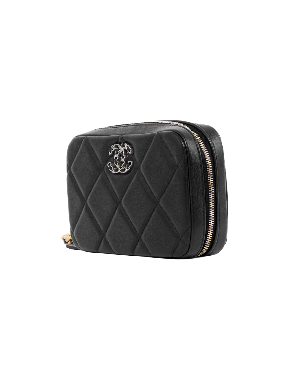 CHANEL 19 PHONE HOLDER WITH CHAIN BLACK LAMB GHW SHW 32080504 6003