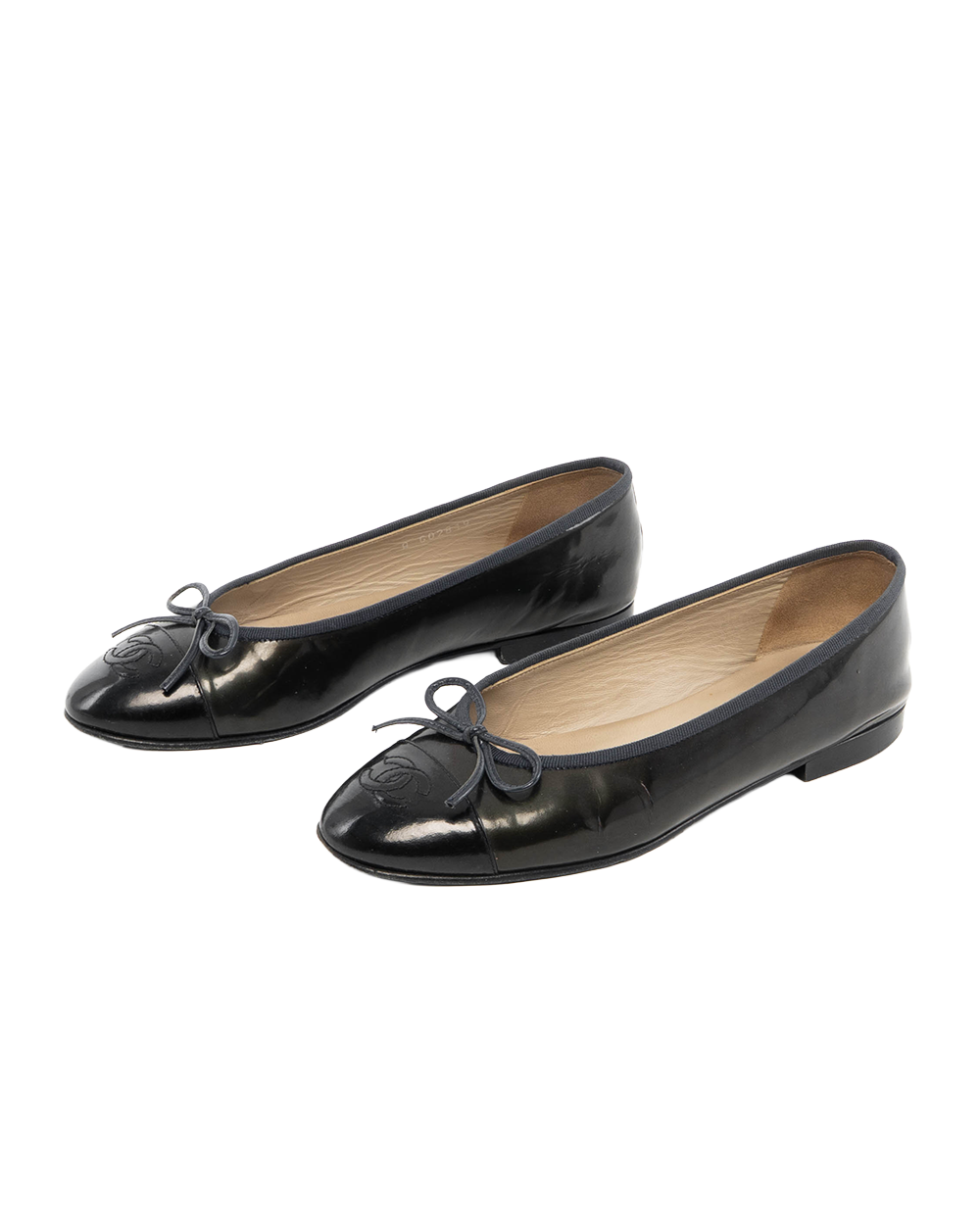 CHANEL BALLERINA FLATS 38 BLACK NAVY VERNIS 5520