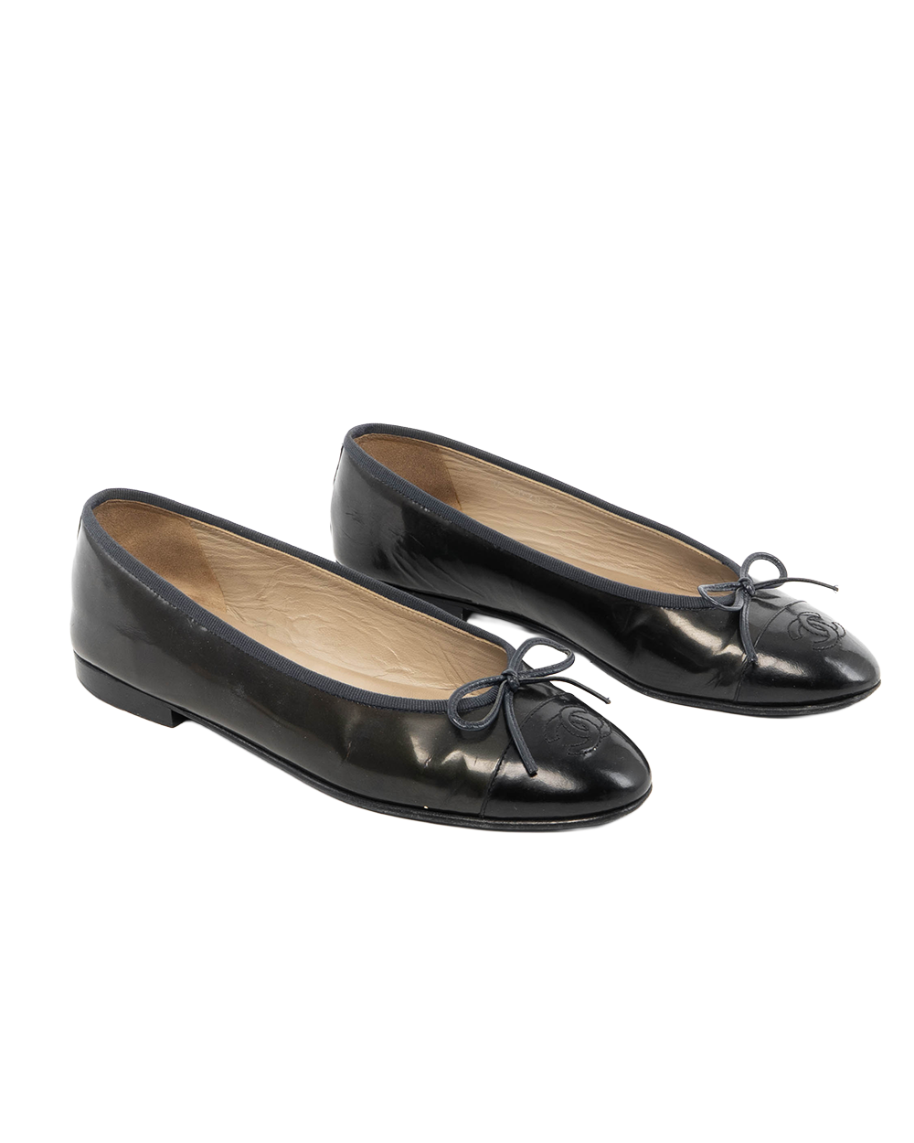 CHANEL BALLERINA FLATS 38 BLACK NAVY VERNIS 5521