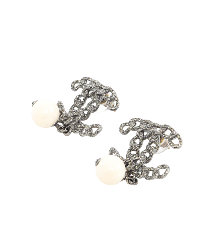 CHANEL CC LOGO CRYSTAL DROP EARRINGS 2.5 CM PEARL CRYSTAL SHW 5574