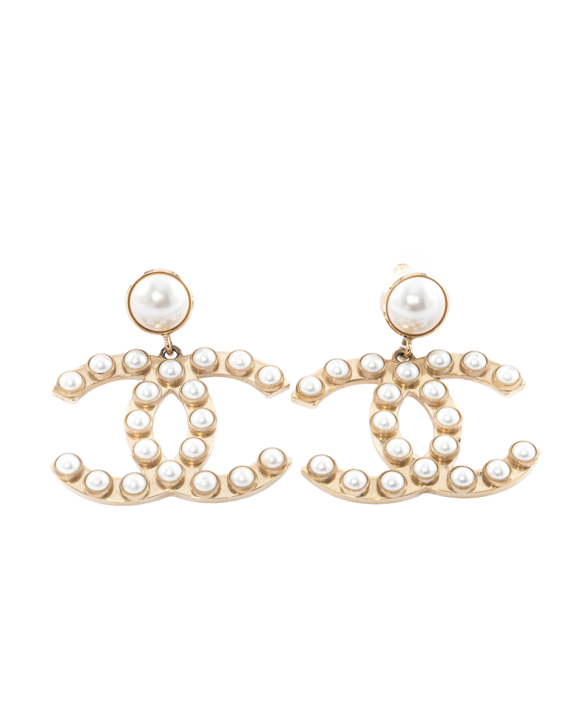 CHANEL CC LOGO PEARL EARRINGS 4 CM GOLD PEARL GHW 5202