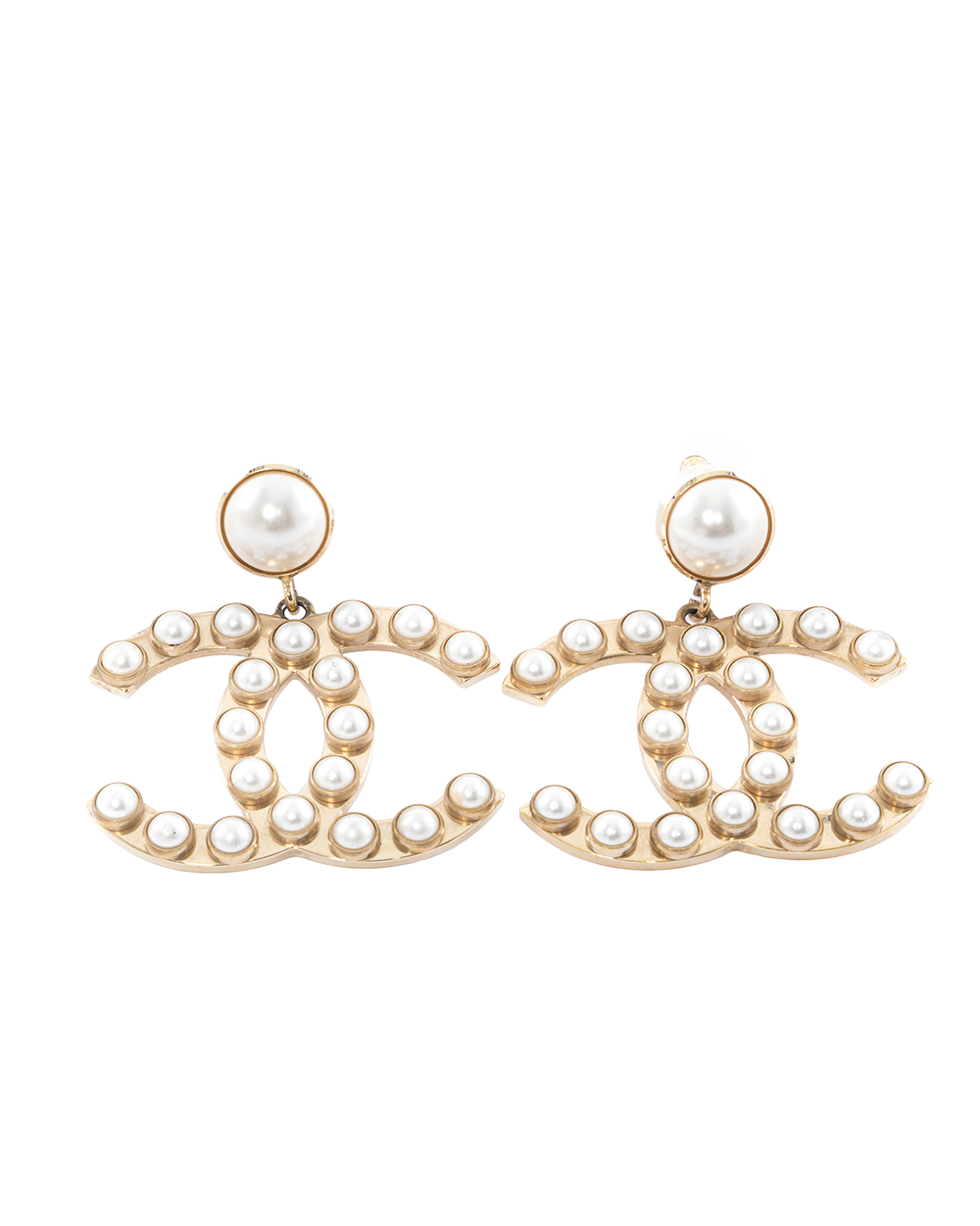 CHANEL CC LOGO PEARL EARRINGS 4 CM GOLD PEARL GHW 5202