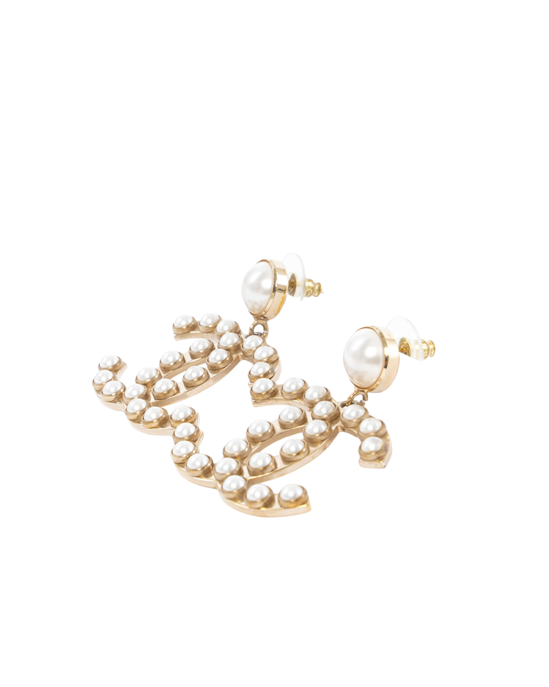 CHANEL CC LOGO PEARL EARRINGS 4 CM GOLD PEARL GHW 5203