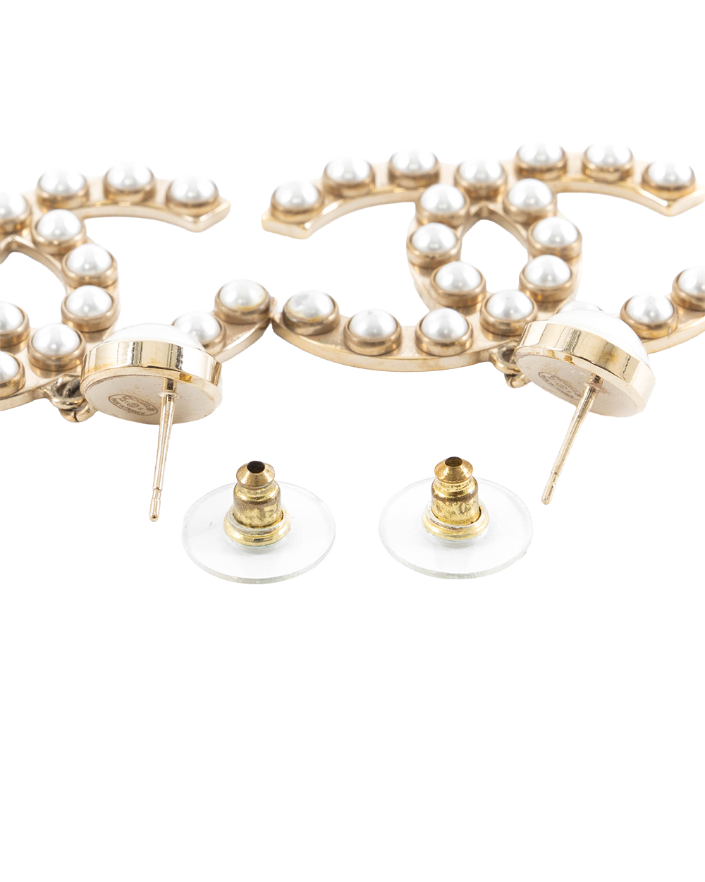 CHANEL CC LOGO PEARL EARRINGS 4 CM GOLD PEARL GHW 5207