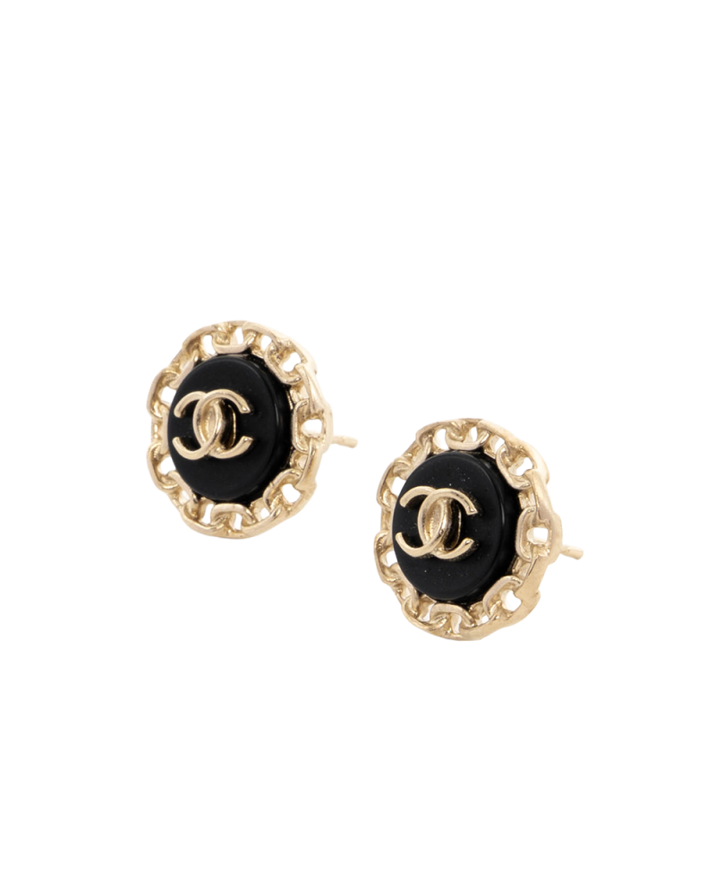 CHANEL CC LOGO ROUND EARRING 1.5 CM BLACK GOLD GHW 0407