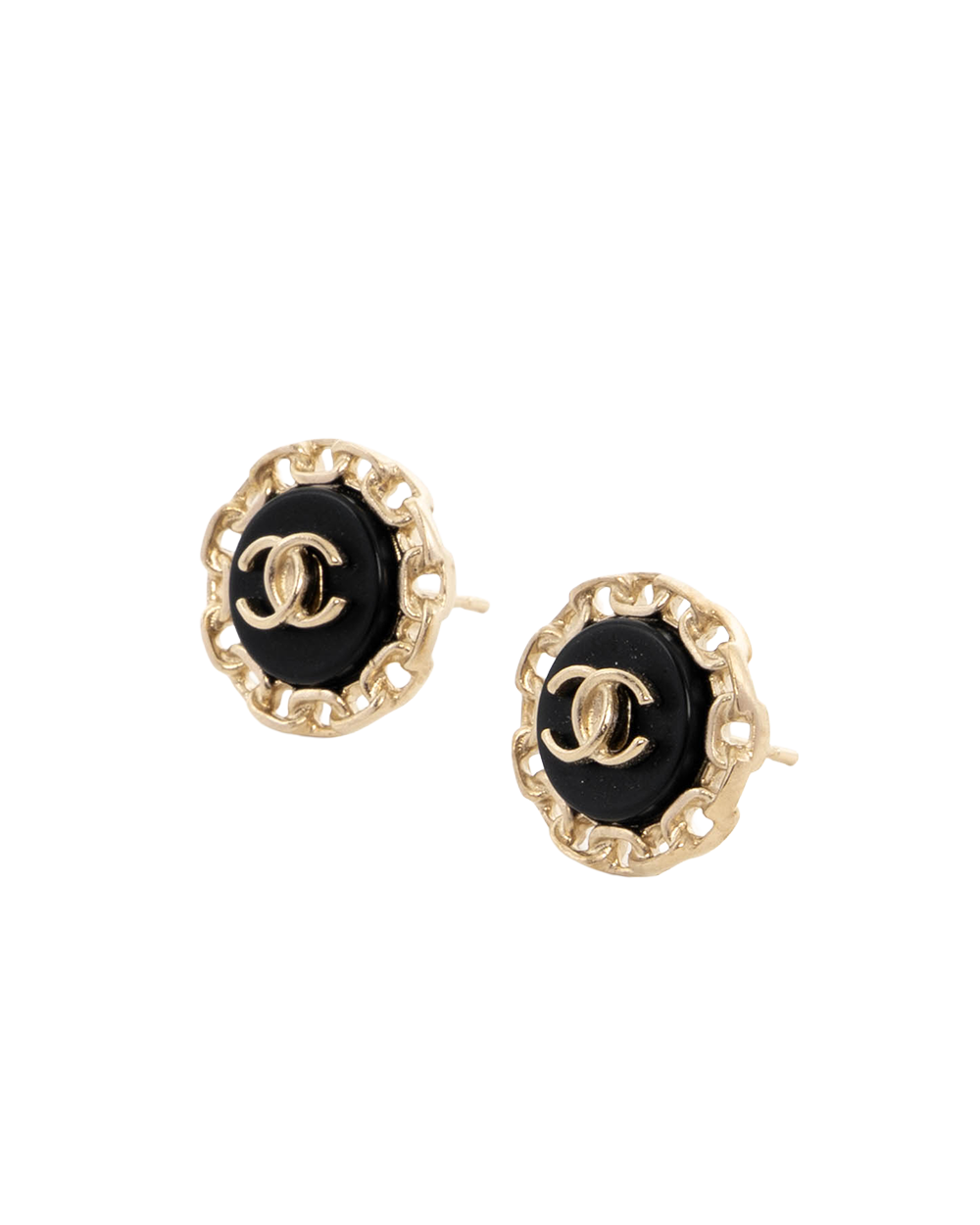 CHANEL CC LOGO ROUND EARRING 1.5 CM BLACK GOLD GHW 0407
