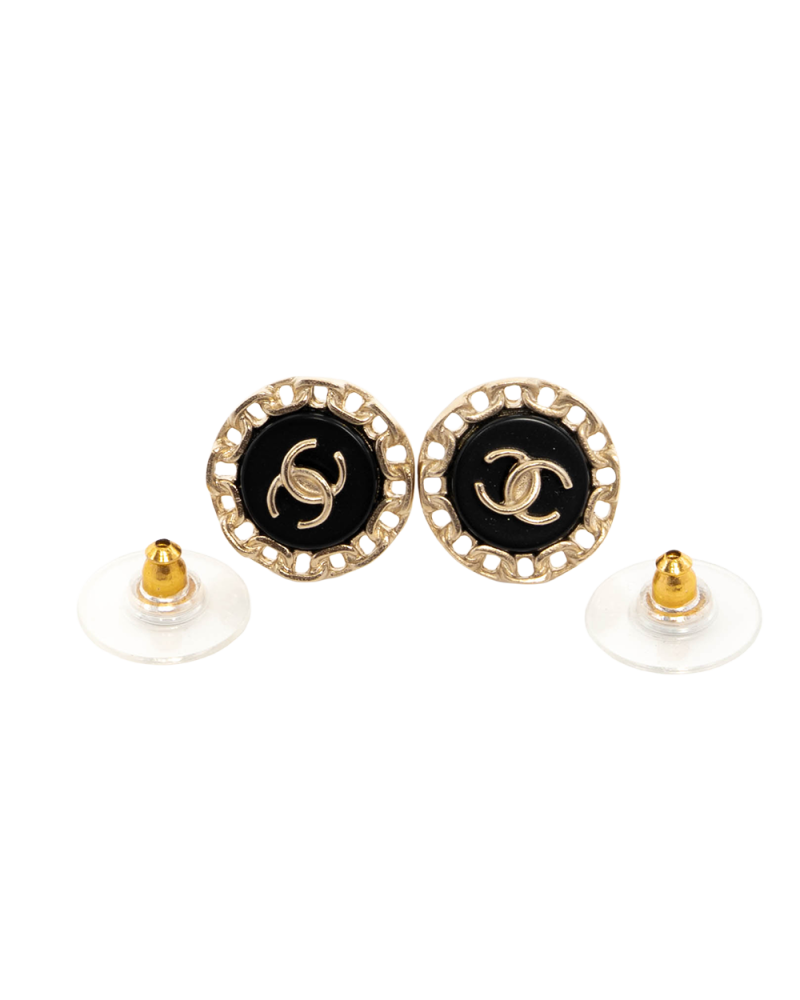 CHANEL CC LOGO ROUND EARRING 1.5 CM BLACK GOLD GHW 0409