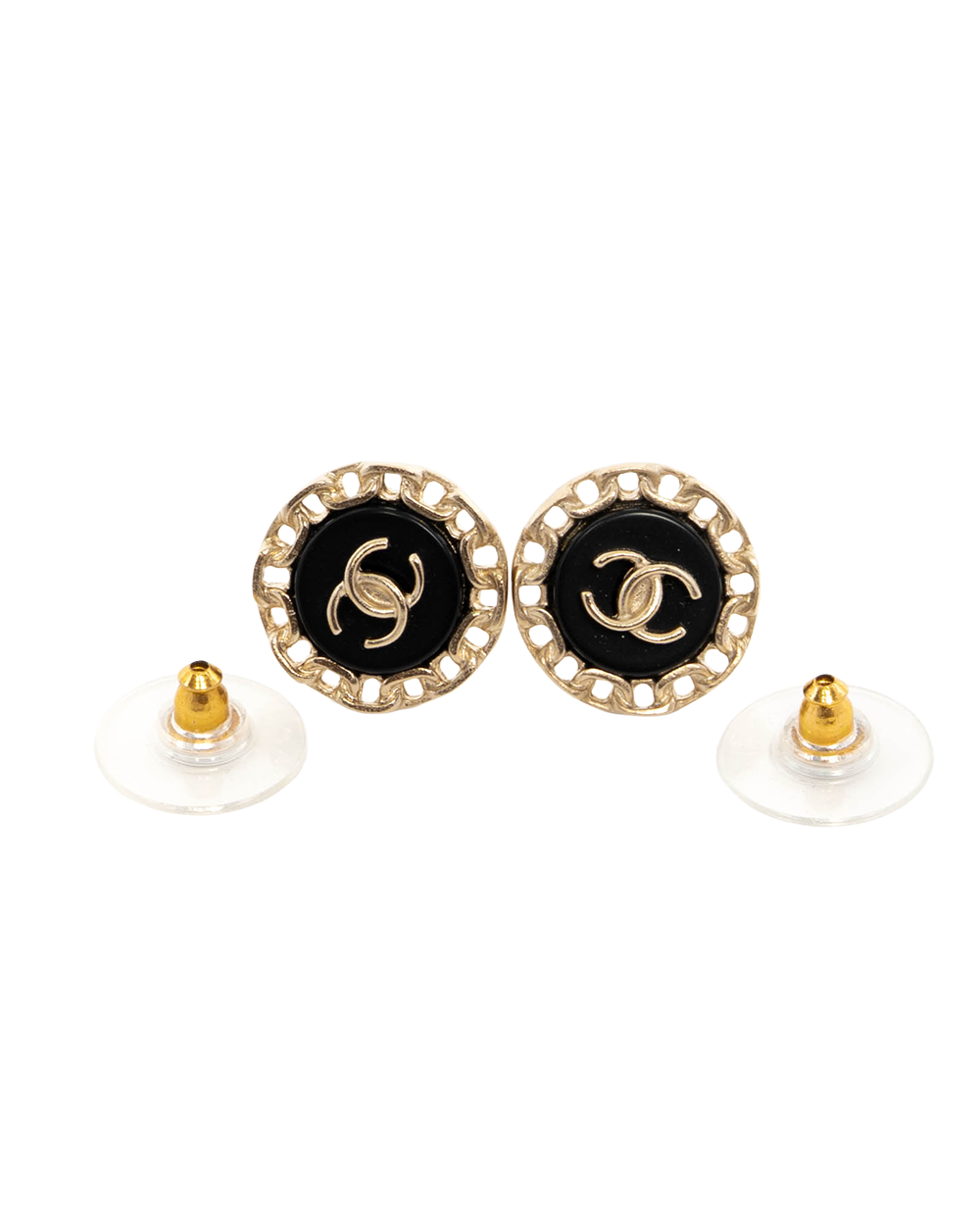CHANEL CC LOGO ROUND EARRING 1.5 CM BLACK GOLD GHW 0409