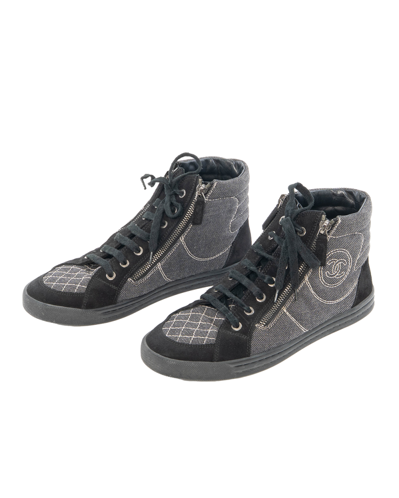 CHANEL DOUBLE ZIP HIGH TRAINERS 39 BLACK DENIM H G30617 0284