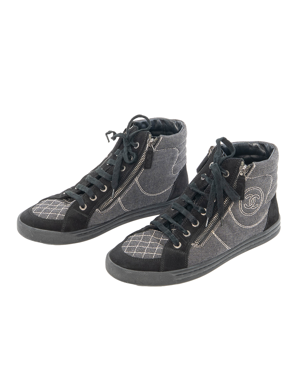 CHANEL DOUBLE ZIP HIGH TRAINERS 39 BLACK DENIM H G30617 0284
