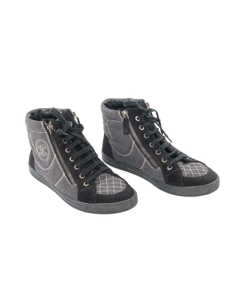 CHANEL DOUBLE ZIP HIGH TRAINERS 39 BLACK DENIM H G30617 0285