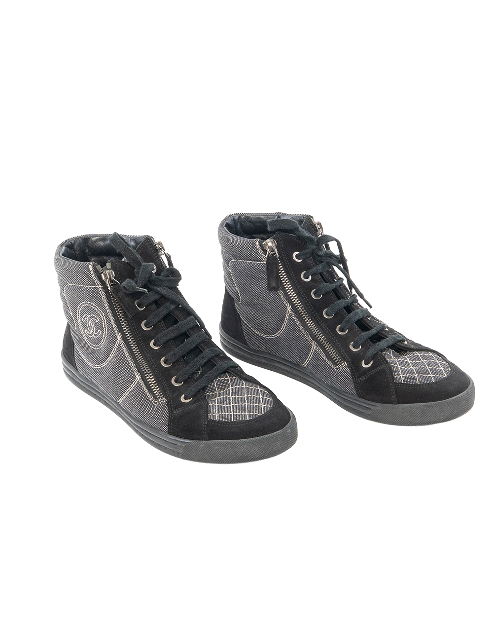 CHANEL DOUBLE ZIP HIGH TRAINERS 39 BLACK DENIM H G30617 0285