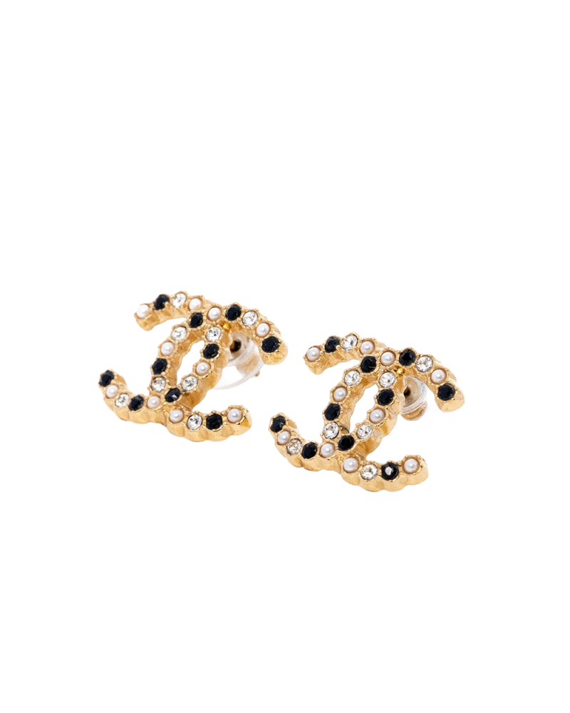 CHANEL EARRINGS CC LOGO GOLD BLACK PEARL GHW A20 K 03019