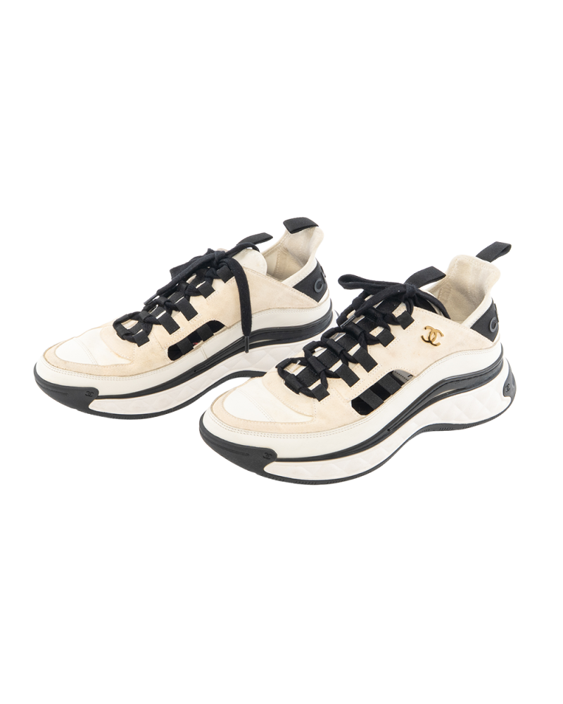 CHANEL MIXED FIBERS SNEAKERS 38.5 WHITE BLACK BEIGE CALF AND VELVET GHW L G35615 9578