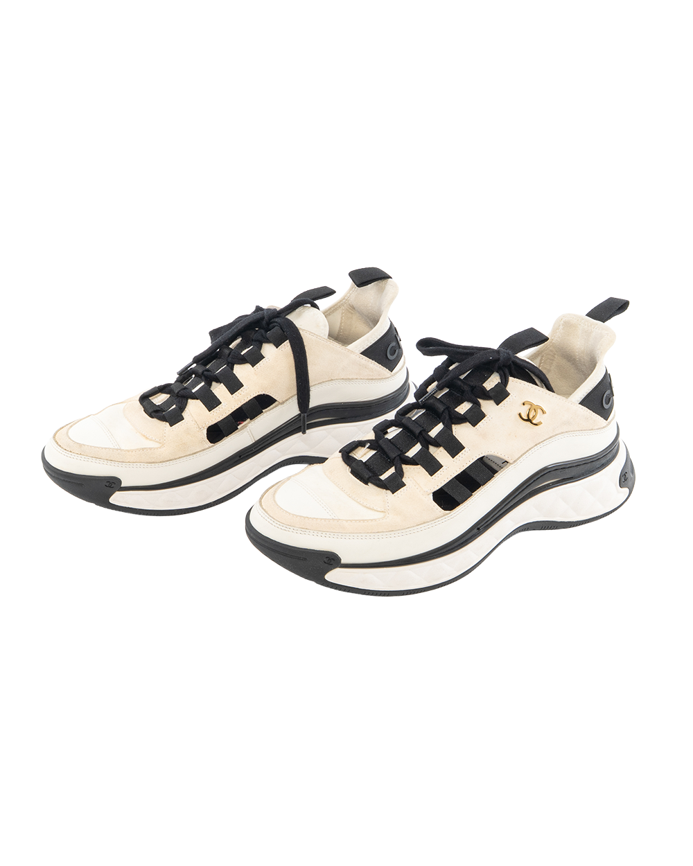 CHANEL MIXED FIBERS SNEAKERS 38.5 WHITE BLACK BEIGE CALF AND VELVET GHW L G35615 9578