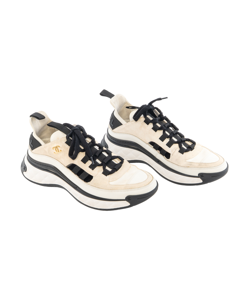CHANEL MIXED FIBERS SNEAKERS 38.5 WHITE BLACK BEIGE CALF AND VELVET GHW L G35615 9579