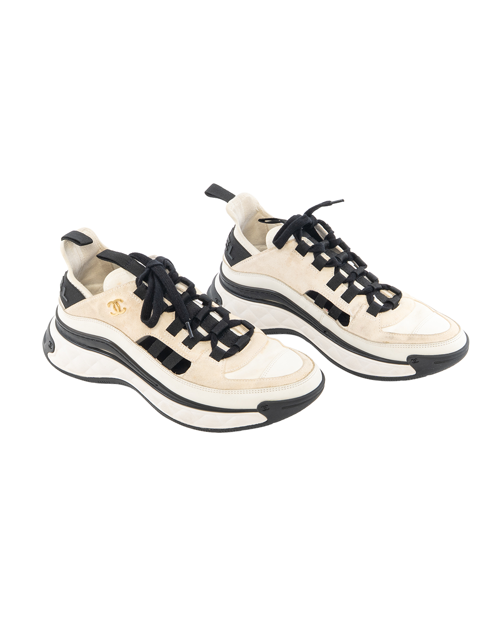 CHANEL MIXED FIBERS SNEAKERS 38.5 WHITE BLACK BEIGE CALF AND VELVET GHW L G35615 9579