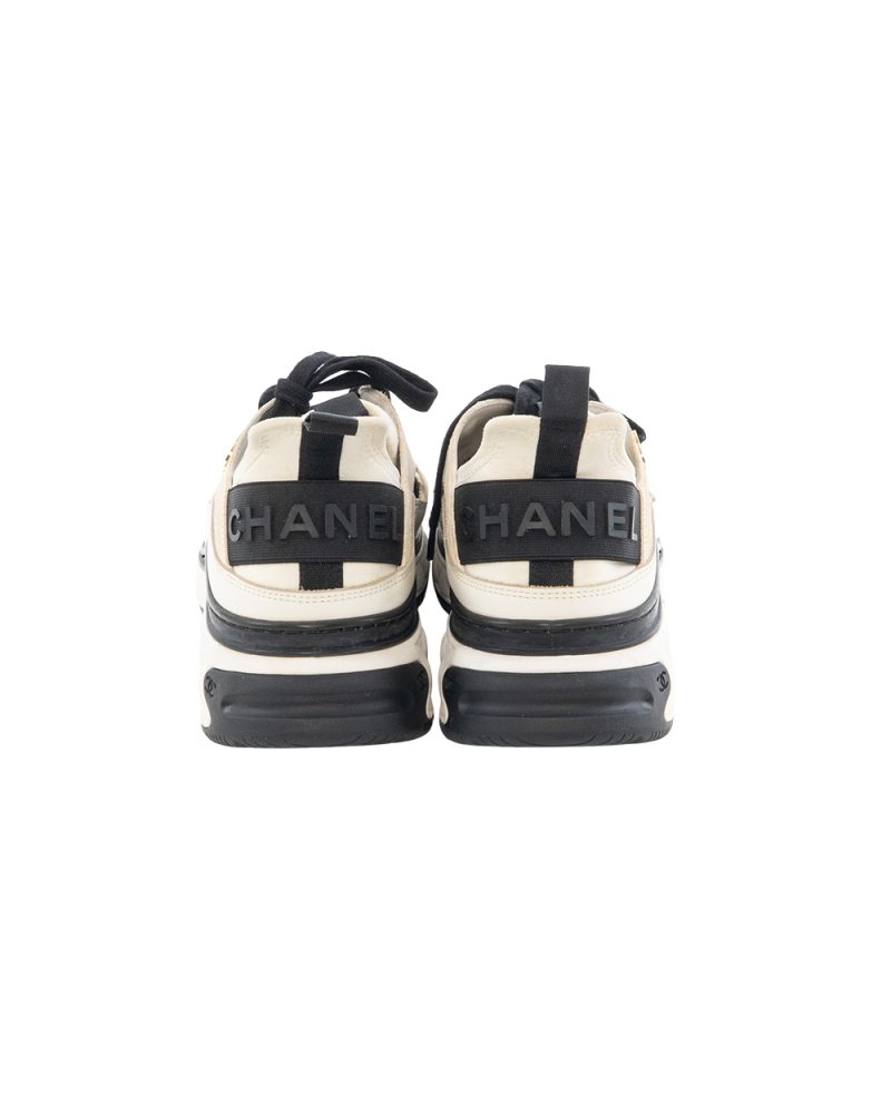 CHANEL MIXED FIBERS SNEAKERS 38.5 WHITE BLACK BEIGE CALF AND VELVET GHW L G35615 9580