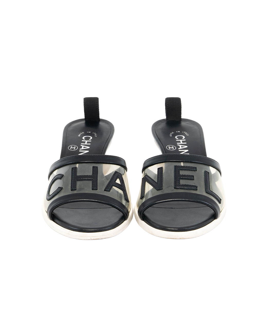 CHANEL SLIDE SANDALS 34 BLACK CHANEL LOGO CALF PVC A G34871 5453