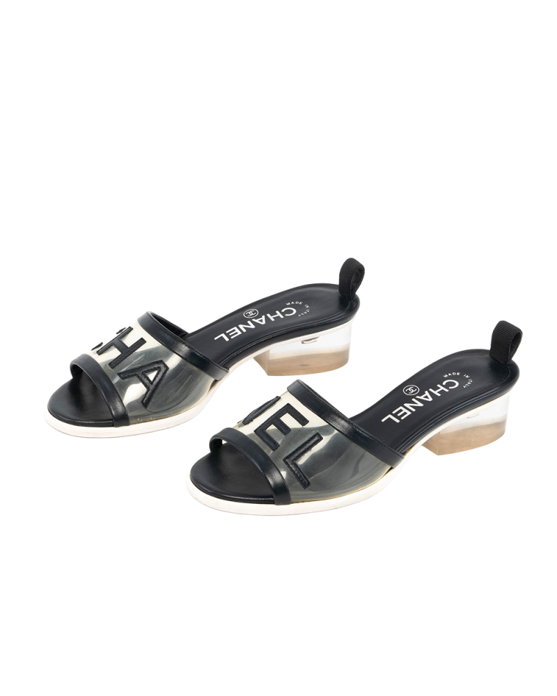 CHANEL SLIDE SANDALS 34 BLACK CHANEL LOGO CALF PVC A G34871 5454
