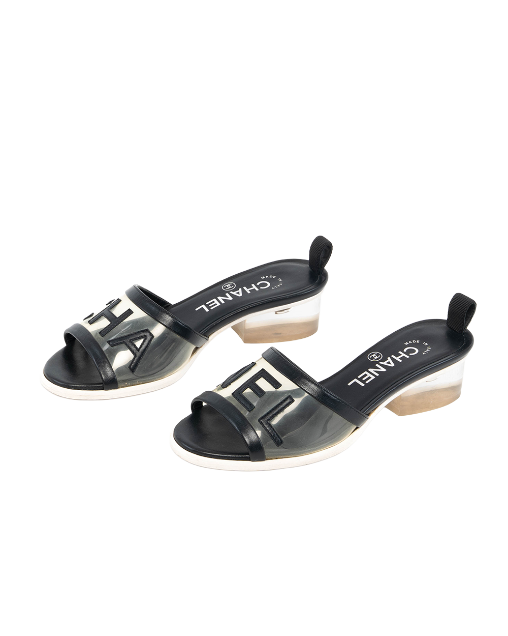 CHANEL SLIDE SANDALS 34 BLACK CHANEL LOGO CALF PVC A G34871 5454