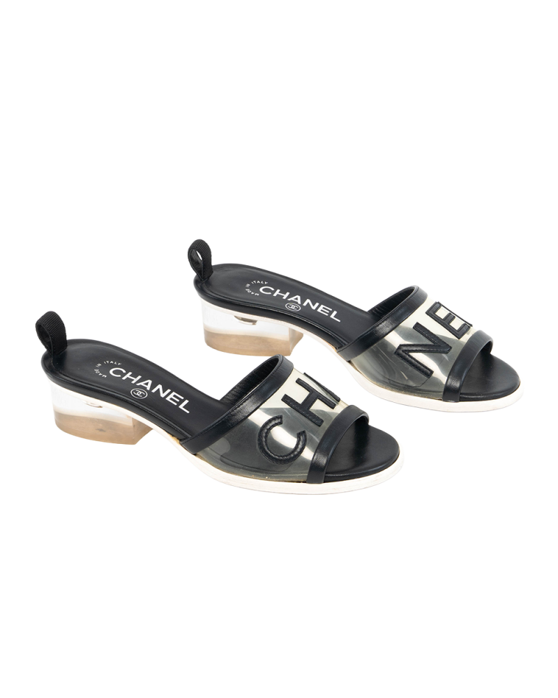 CHANEL SLIDE SANDALS 34 BLACK CHANEL LOGO CALF PVC A G34871 5455
