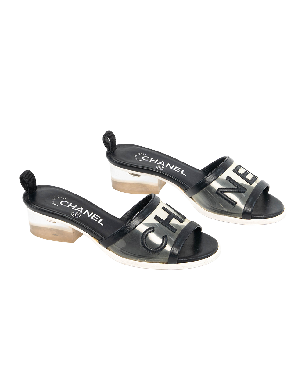 CHANEL SLIDE SANDALS 34 BLACK CHANEL LOGO CALF PVC A G34871 5455
