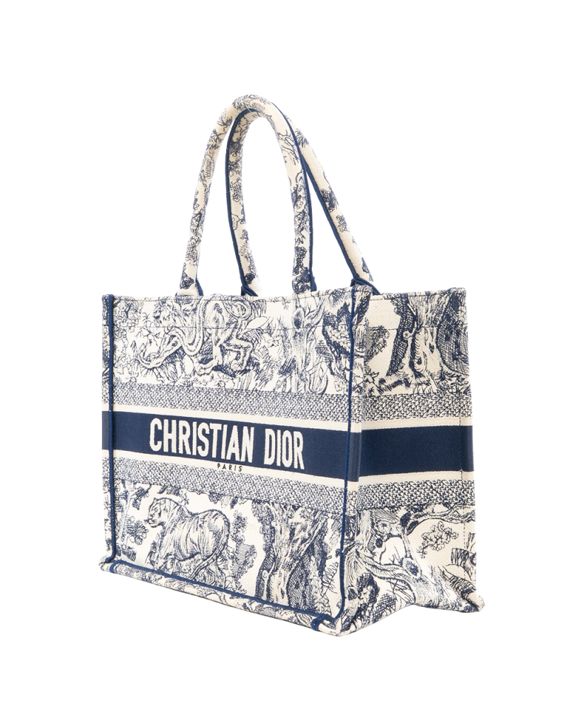DIOR BOOK TOTE MEDIUM WHITE NAVY TOLIE DE JOUY EMBROIDERY JACQUARD 50 MA 0222 6901