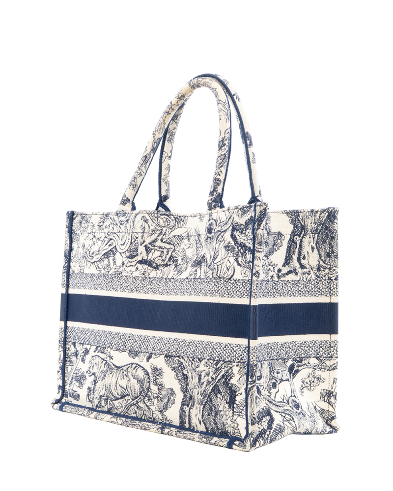 DIOR BOOK TOTE MEDIUM WHITE NAVY TOLIE DE JOUY EMBROIDERY JACQUARD 50 MA 0222 6902