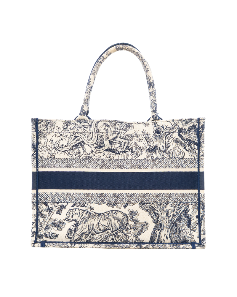 DIOR BOOK TOTE MEDIUM WHITE NAVY TOLIE DE JOUY EMBROIDERY JACQUARD 50 MA 0222 6903