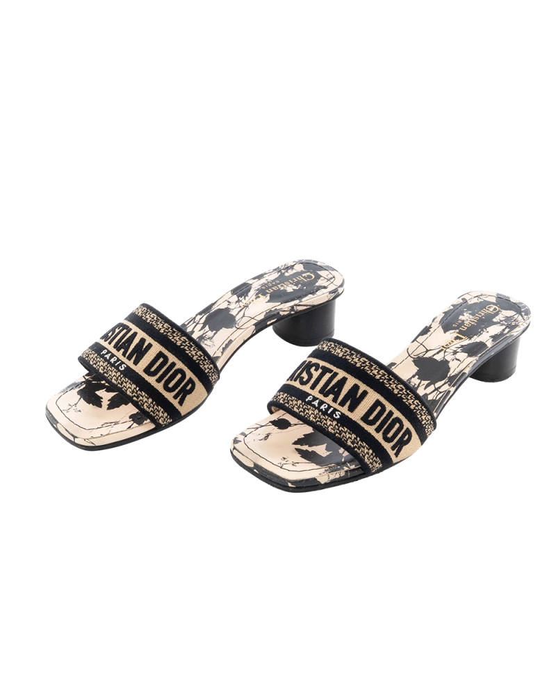 DIOR DWAY HEEL SLIDE 37 BLACK WHITE EMBROIDERED GHW 7285
