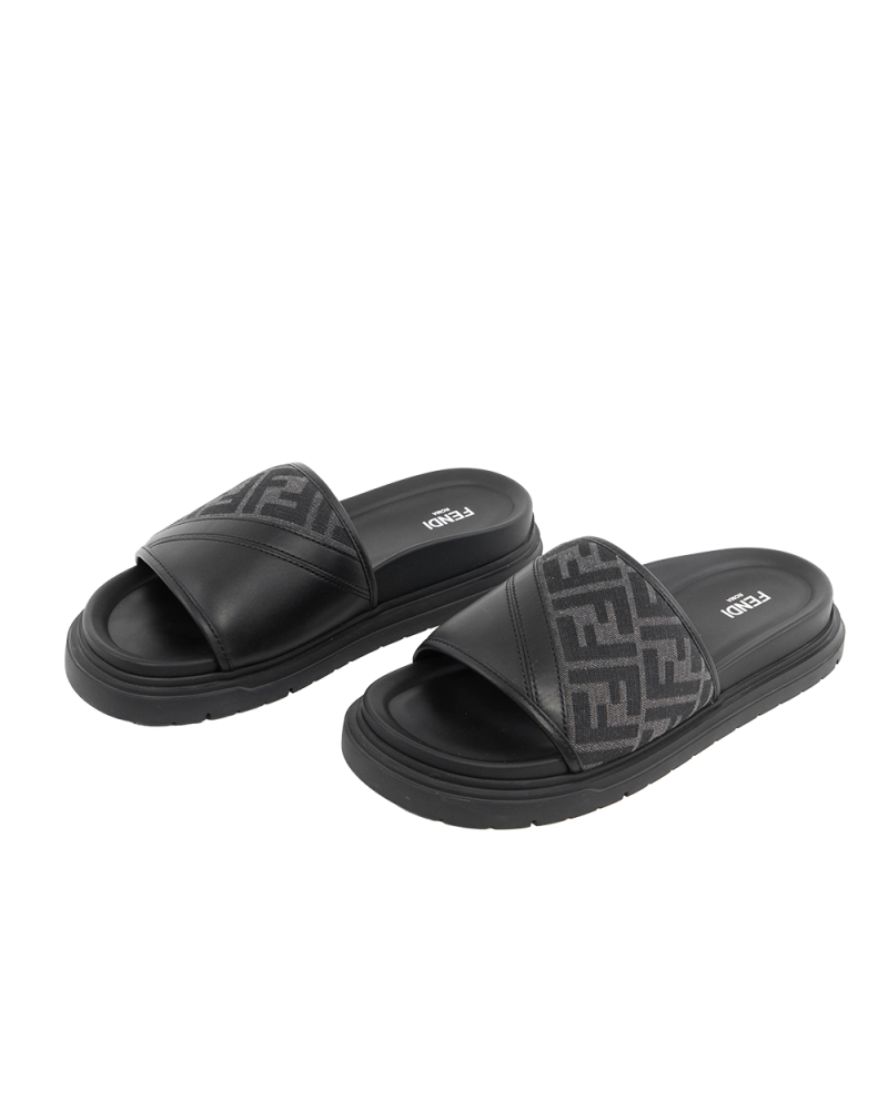FENDI DIAGONAL SLIDES SANDALS 8 BLACK LEATHER 7X1674 0580