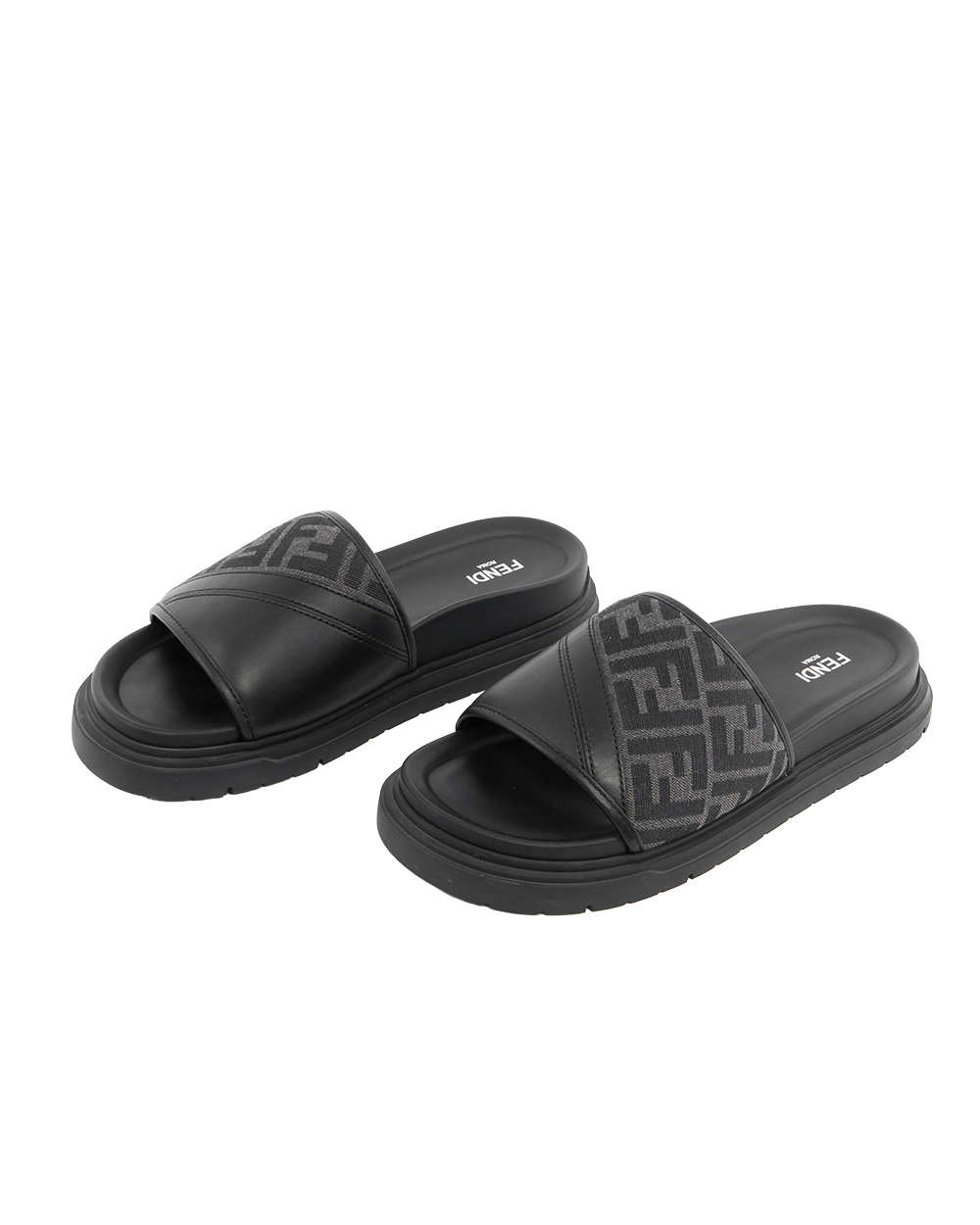 FENDI DIAGONAL SLIDES SANDALS 8 BLACK LEATHER 7X1674 0580
