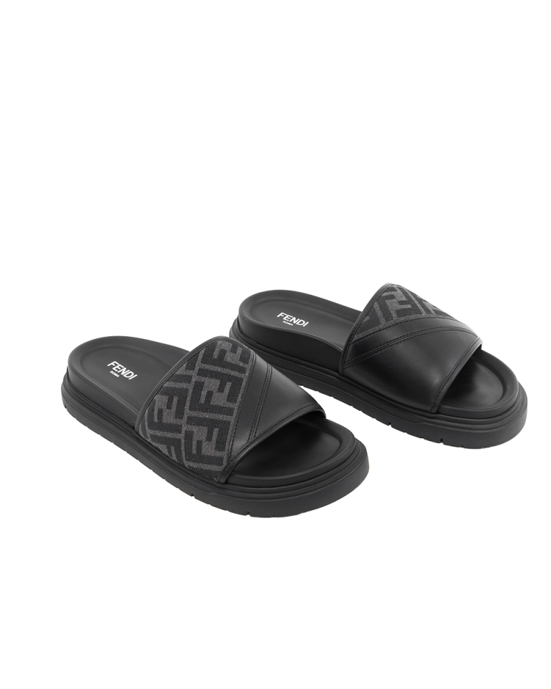 FENDI DIAGONAL SLIDES SANDALS 8 BLACK LEATHER 7X1674 0581