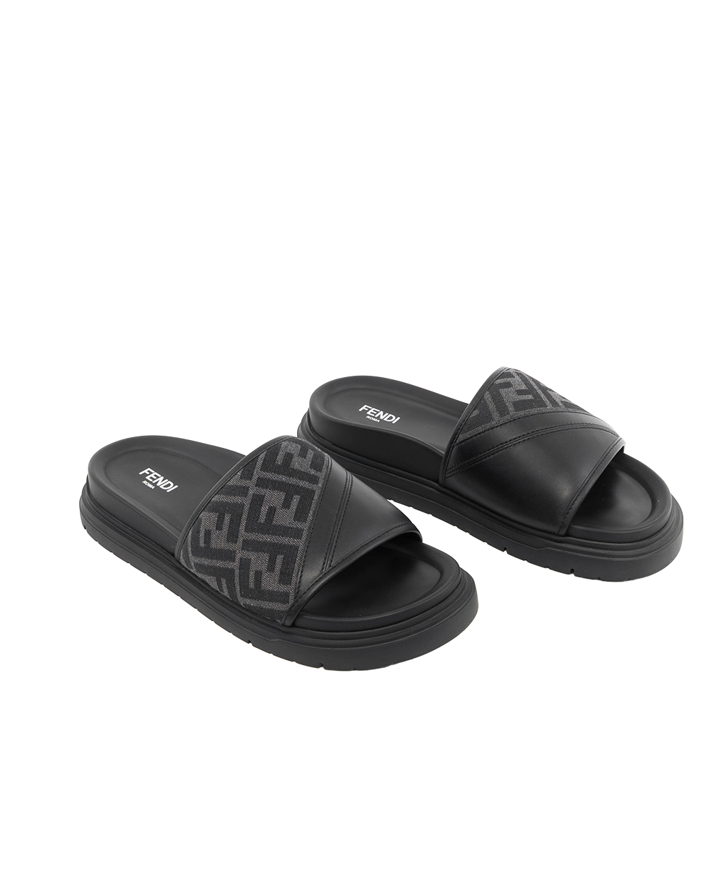 FENDI DIAGONAL SLIDES SANDALS 8 BLACK LEATHER 7X1674 0581