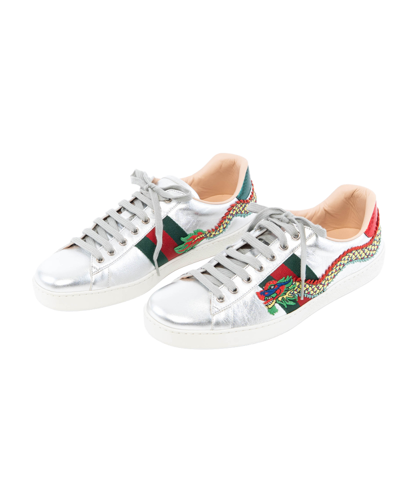 GUCCI ACE DRAGON SNEAKER 9.5 SILVER METTALLIC CALF SHW 73765 0112