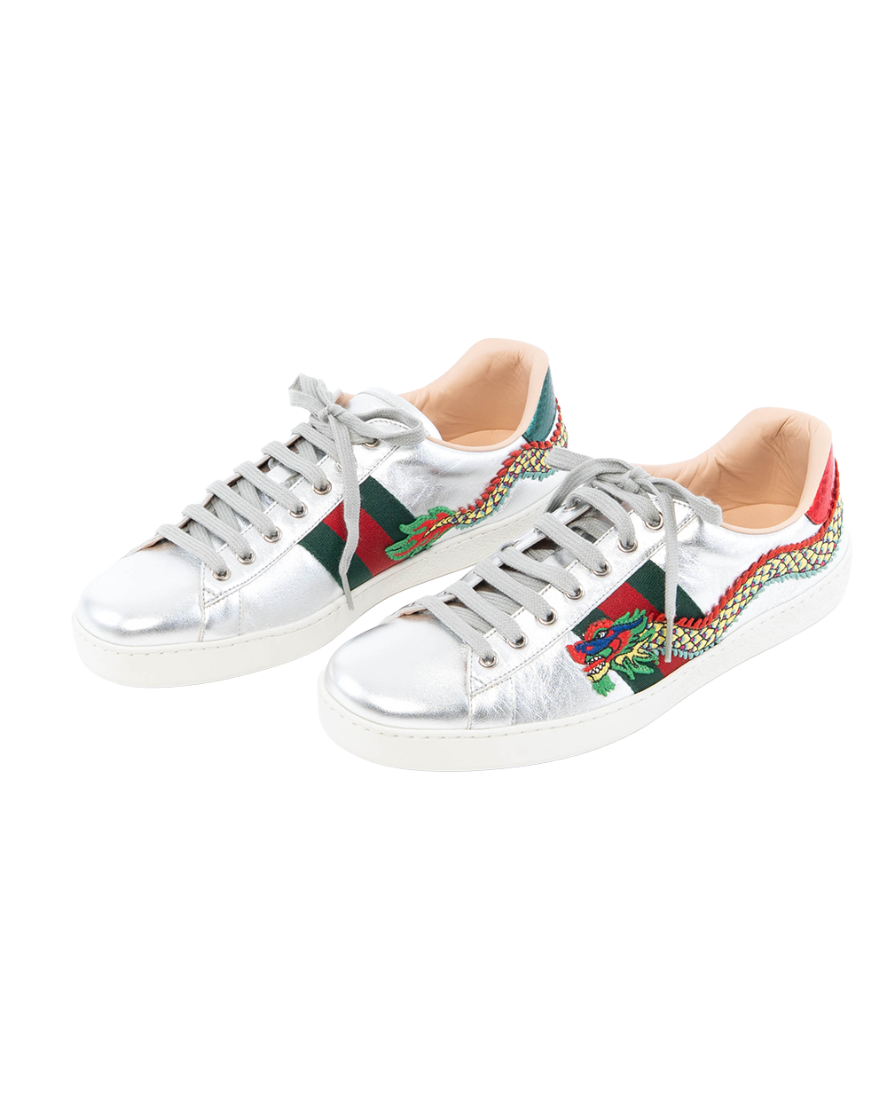 GUCCI ACE DRAGON SNEAKER 9.5 SILVER METTALLIC CALF SHW 73765 0112