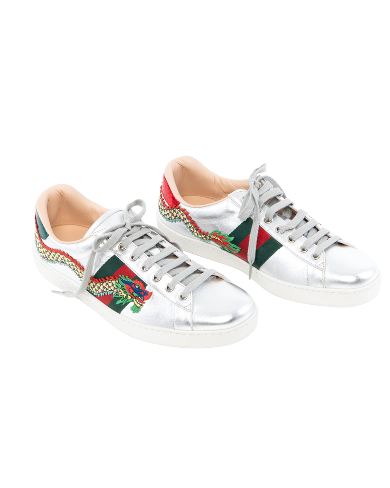GUCCI ACE DRAGON SNEAKER 9.5 SILVER METTALLIC CALF SHW 73765 0113